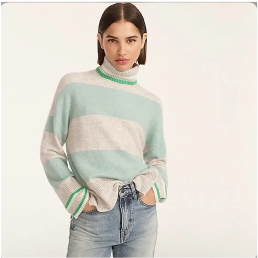 J.Crew Turtleneck Sweater M Mint Green Gray Stripe Merino Alpaca Super soft knit